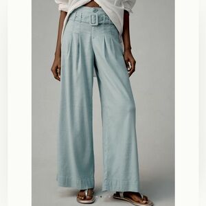 Anthropologie Linen Belted Wide-Leg Pants NWT Blue 14